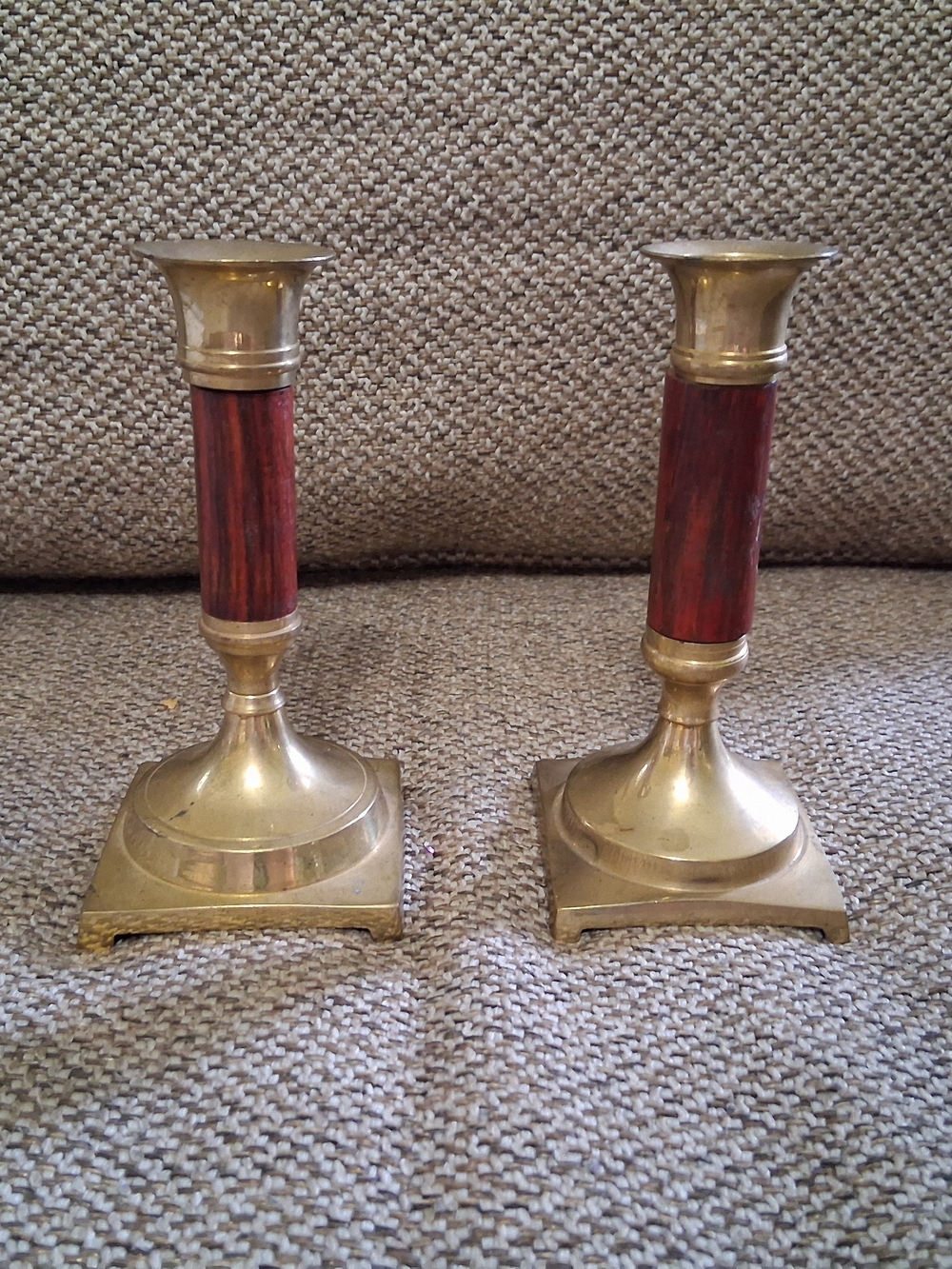 Vintage Pair Brass & Wood Taper Candlestick Holders